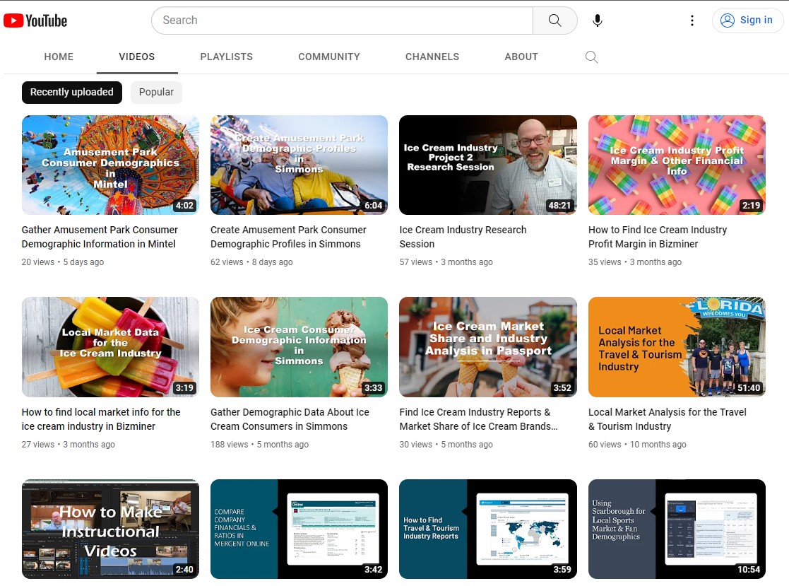 A screenshot of Chad's YouTube channel showing a list of business research tutorials that he created