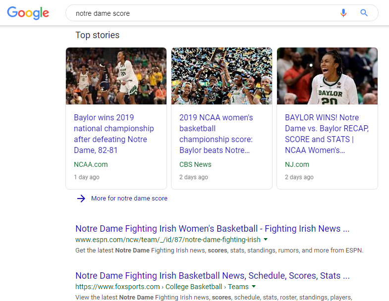 a screenshot of Google search results for the Notre Dame/Baylor Basketball score